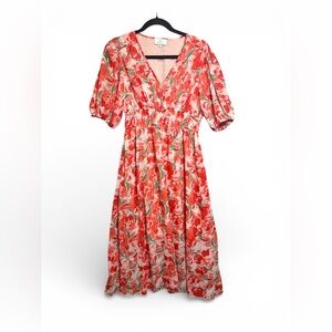 UEAL Floral Midi Dress Pink Red Green V-Neck Empire Waist Size M